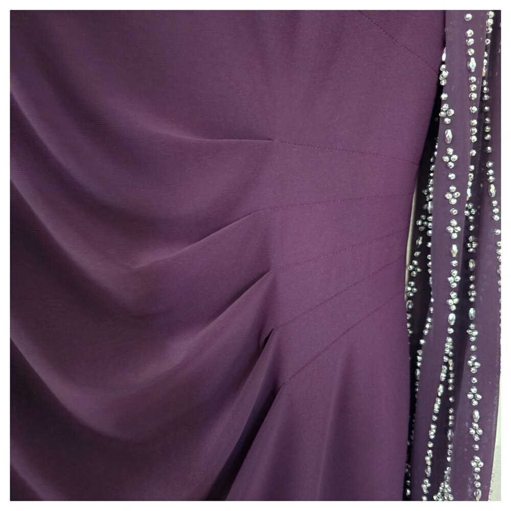 Marina Beaded Mesh Long Sleeve Side Drape Cocktail Dress Size 6 Plum Stretch - Picture 4 of 8